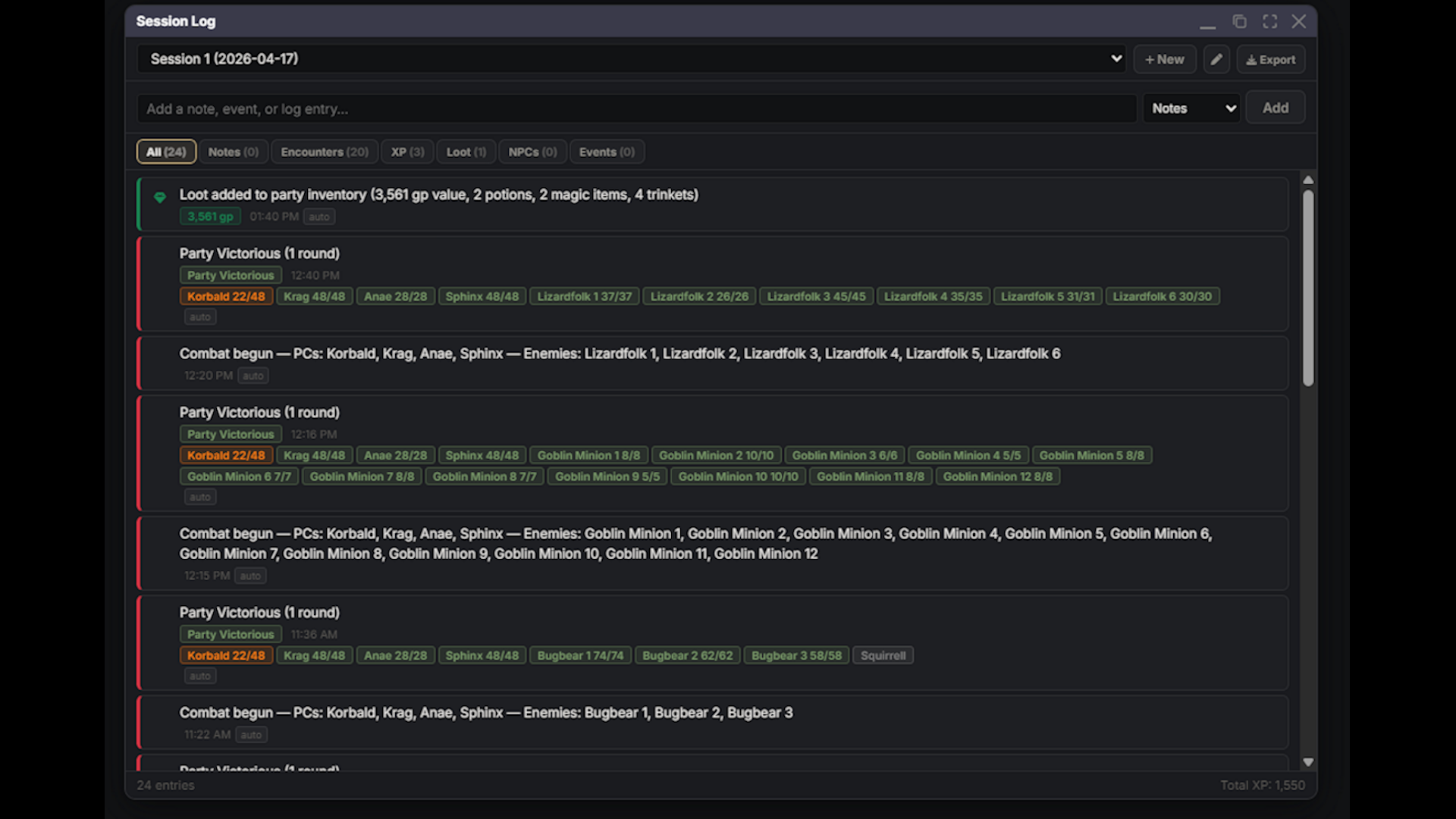 Session Log